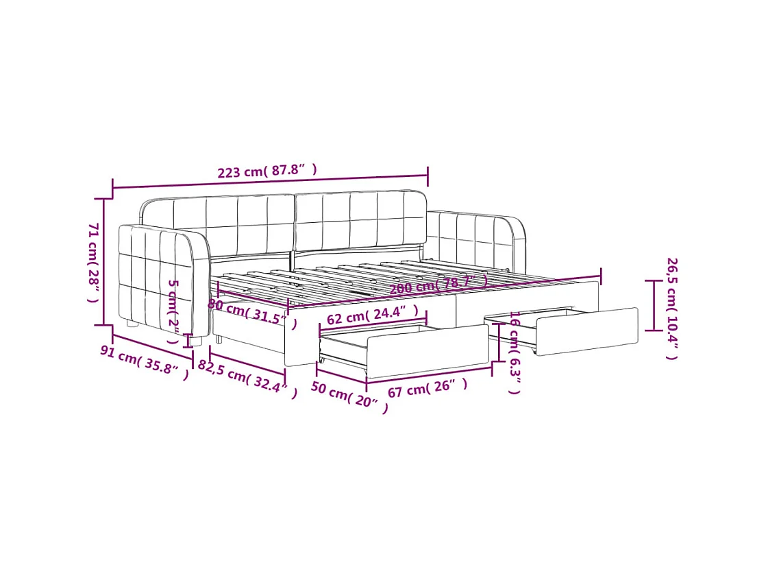 Sofá cama nido con cajones terciopelo gris claro 80x200 cm