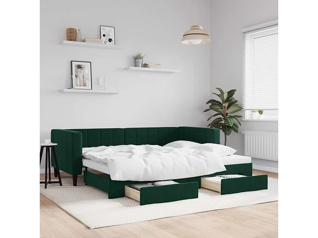 Divano Letto Estraibile Cassetti Verde Scuro 80x200cm Velluto