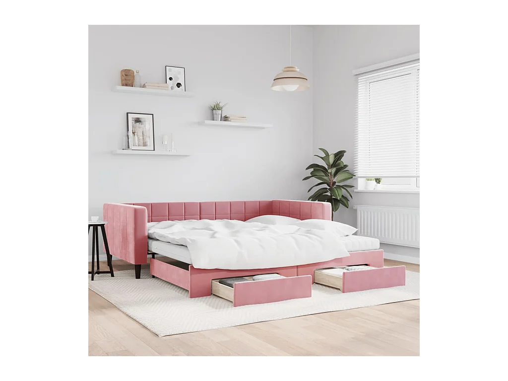 Lit de jour avec gigogne et tiroirs rose 100x200 cm velours