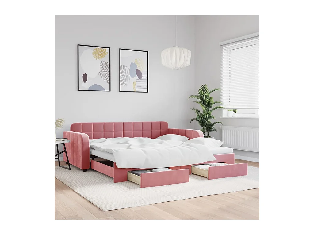 Lit de jour avec gigogne et tiroirs rose 100x200 cm velours