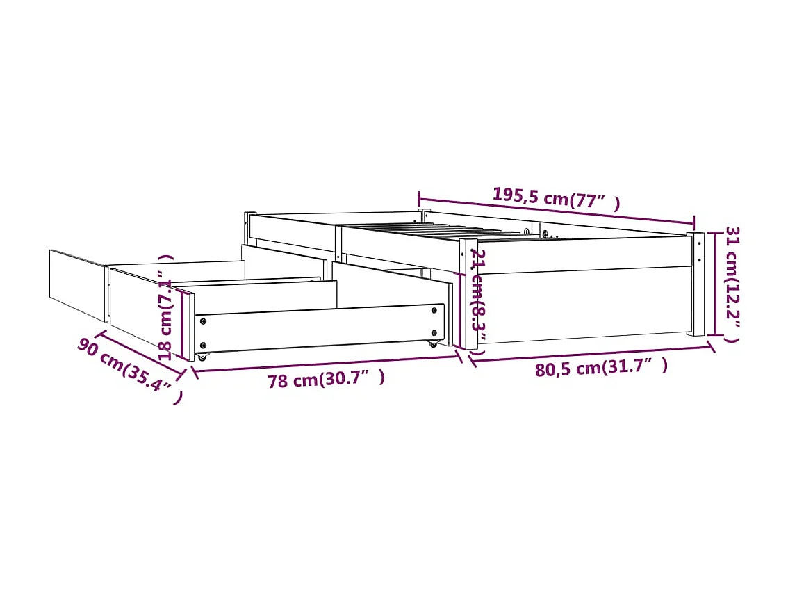 Bedframe met lades wit 75x190 cm