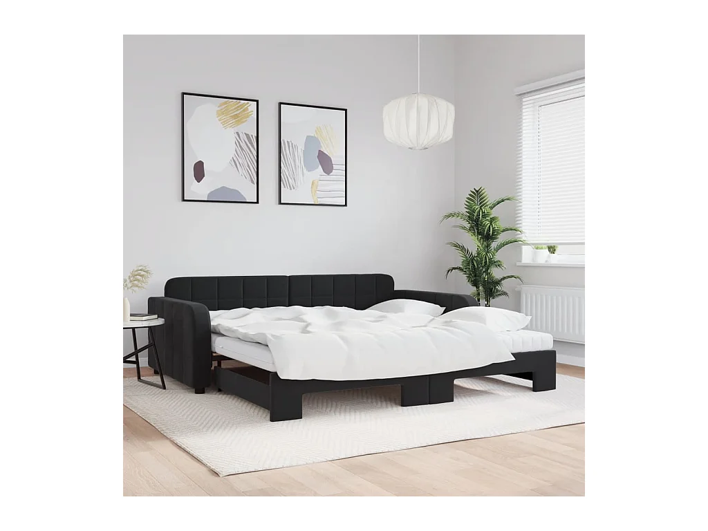 Lit de jour avec lit gigogne et matelas noir 100x200 cm velours