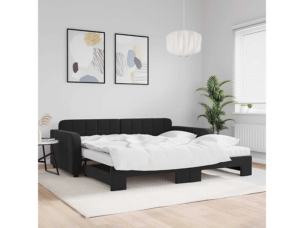 Lit de jour avec lit gigogne et matelas noir 100x200 cm velours