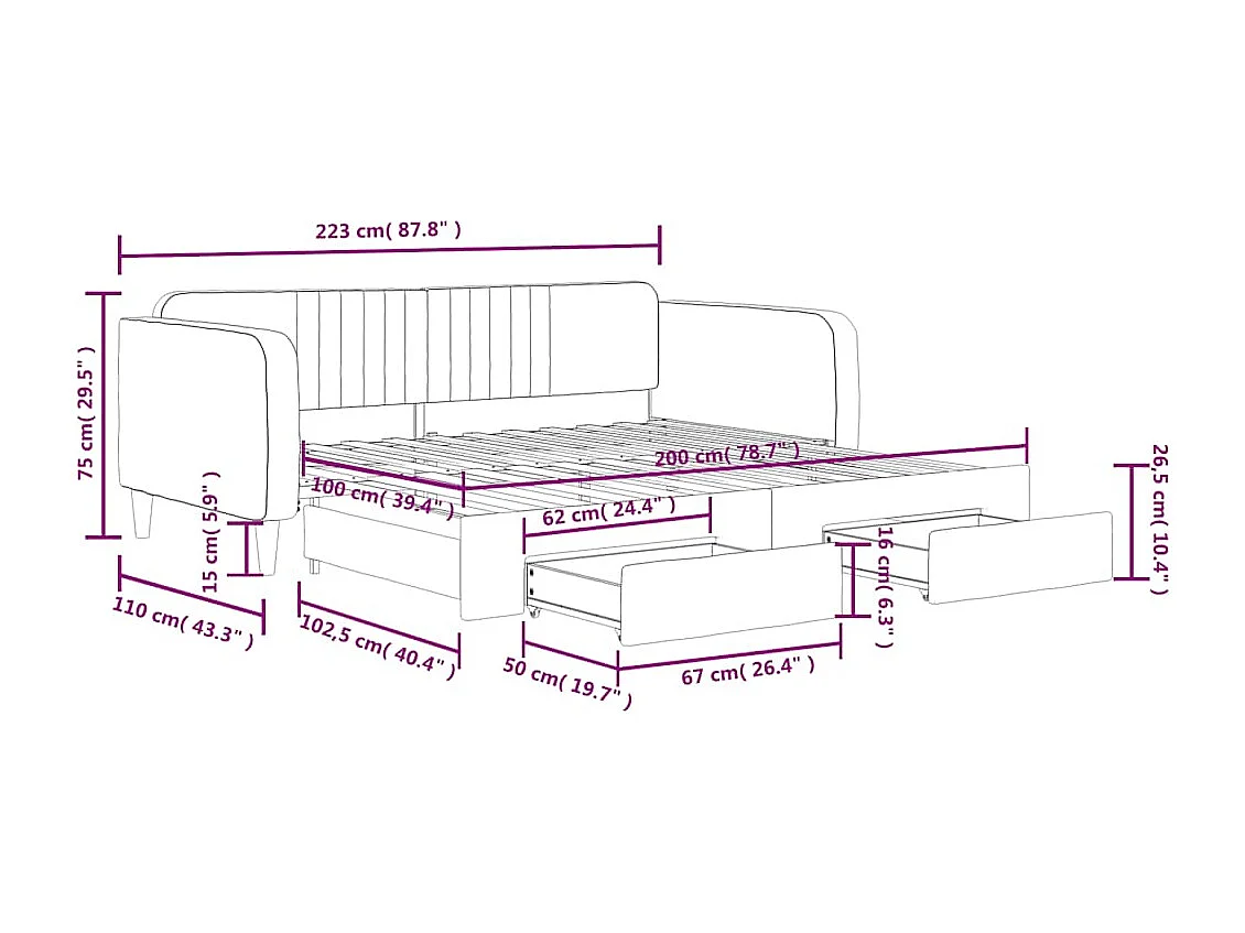 Lit de jour avec gigogne et tiroirs sans matelas bleu 100x200cm