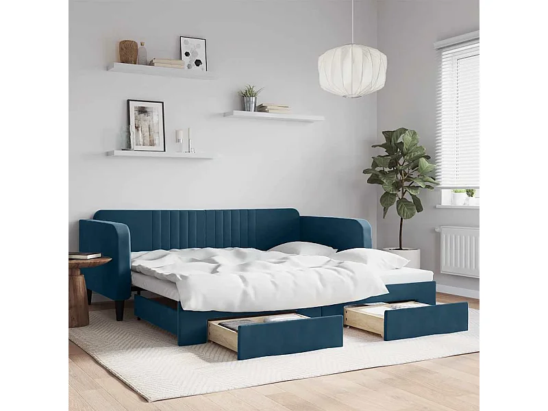 Lit de jour avec gigogne et tiroirs sans matelas bleu 100x200cm