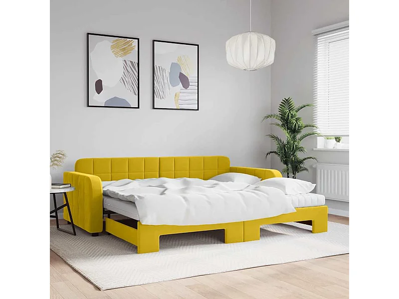 Lit de jour avec gigogne et matelas jaune 90x200 cm velours
