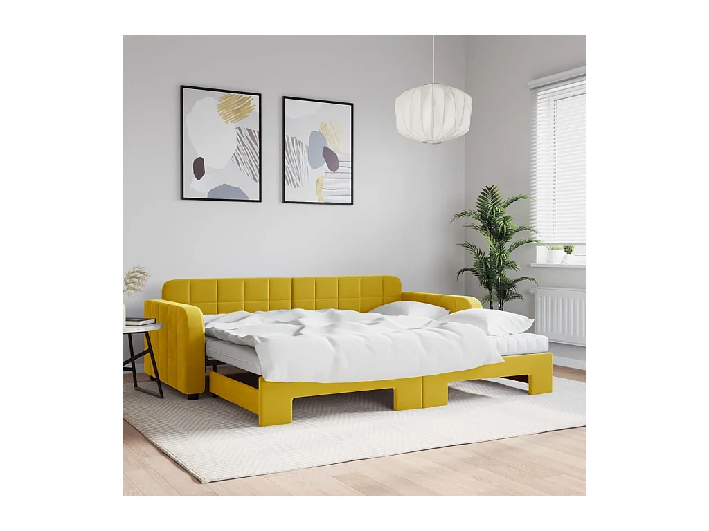 Lit de jour avec gigogne et matelas jaune 90x200 cm velours