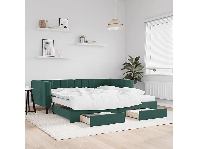 Divano Letto Estraibile Cassetti Verde Scuro 100x200cm Velluto