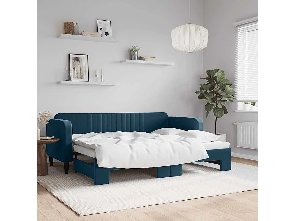 Slaapbank met onderschuifbed 80x200 cm fluweel blauw