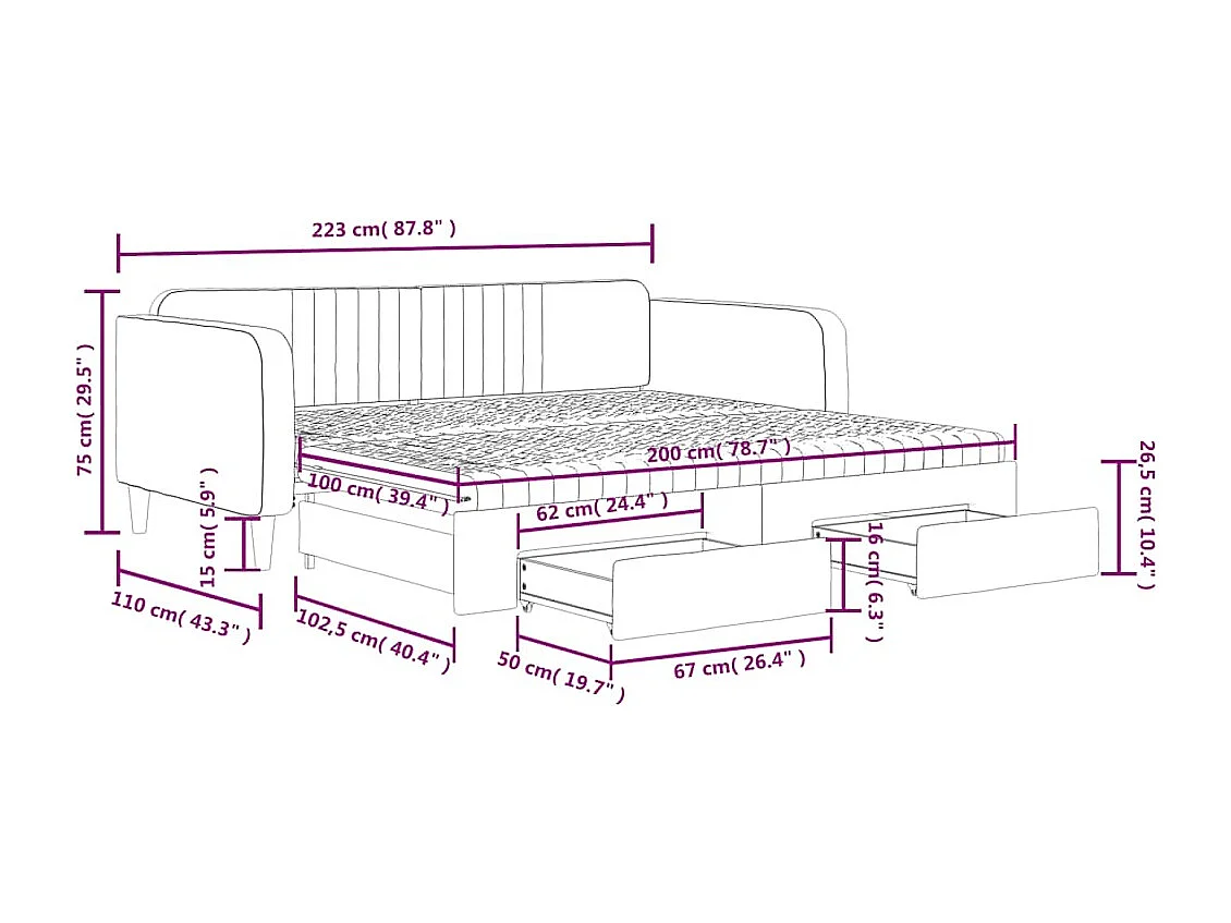 Lit de jour et gigogne et tiroirs vert foncé 100x200 cm velours