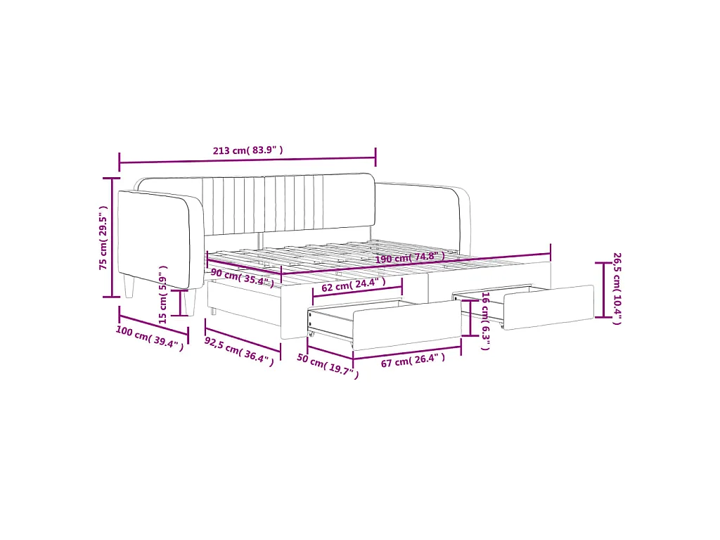 Lit de jour avec gigogne et tiroirs noir 90x190 cm velours