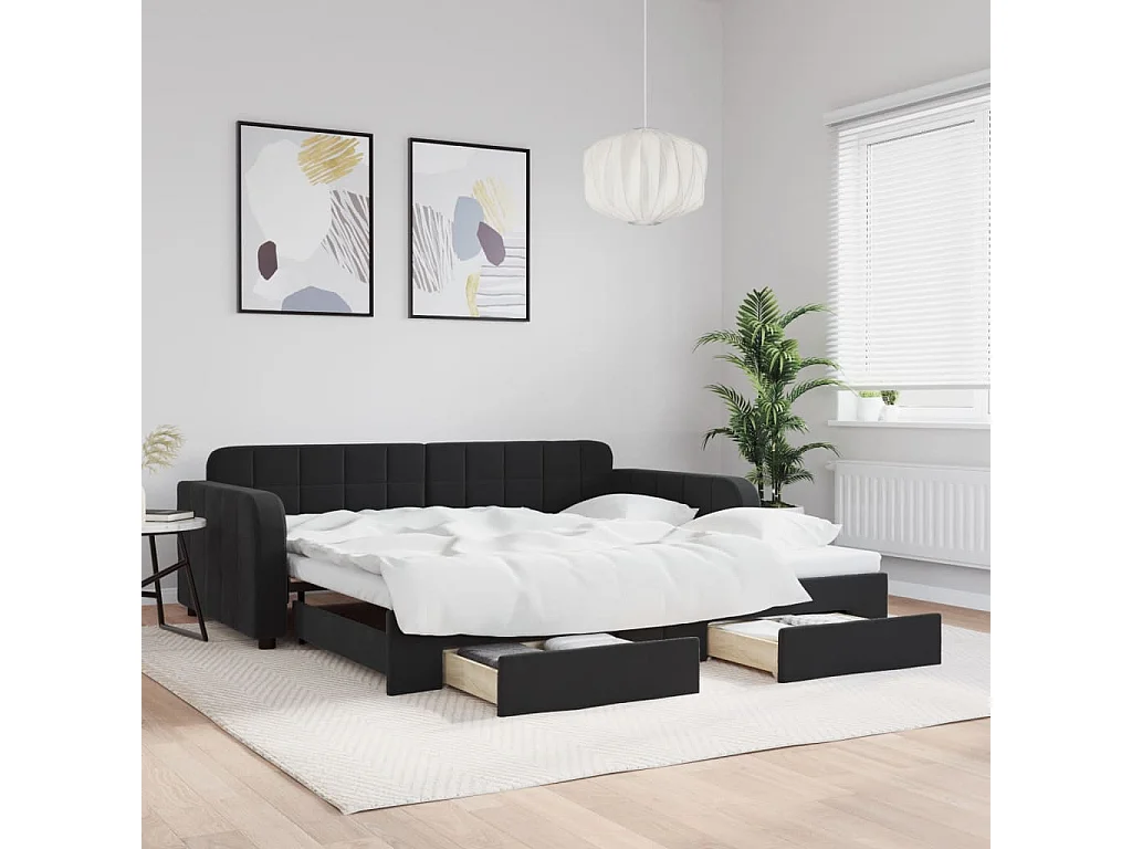 Divano Letto Estraibile con Cassetti Nero 100x200 cm in Velluto