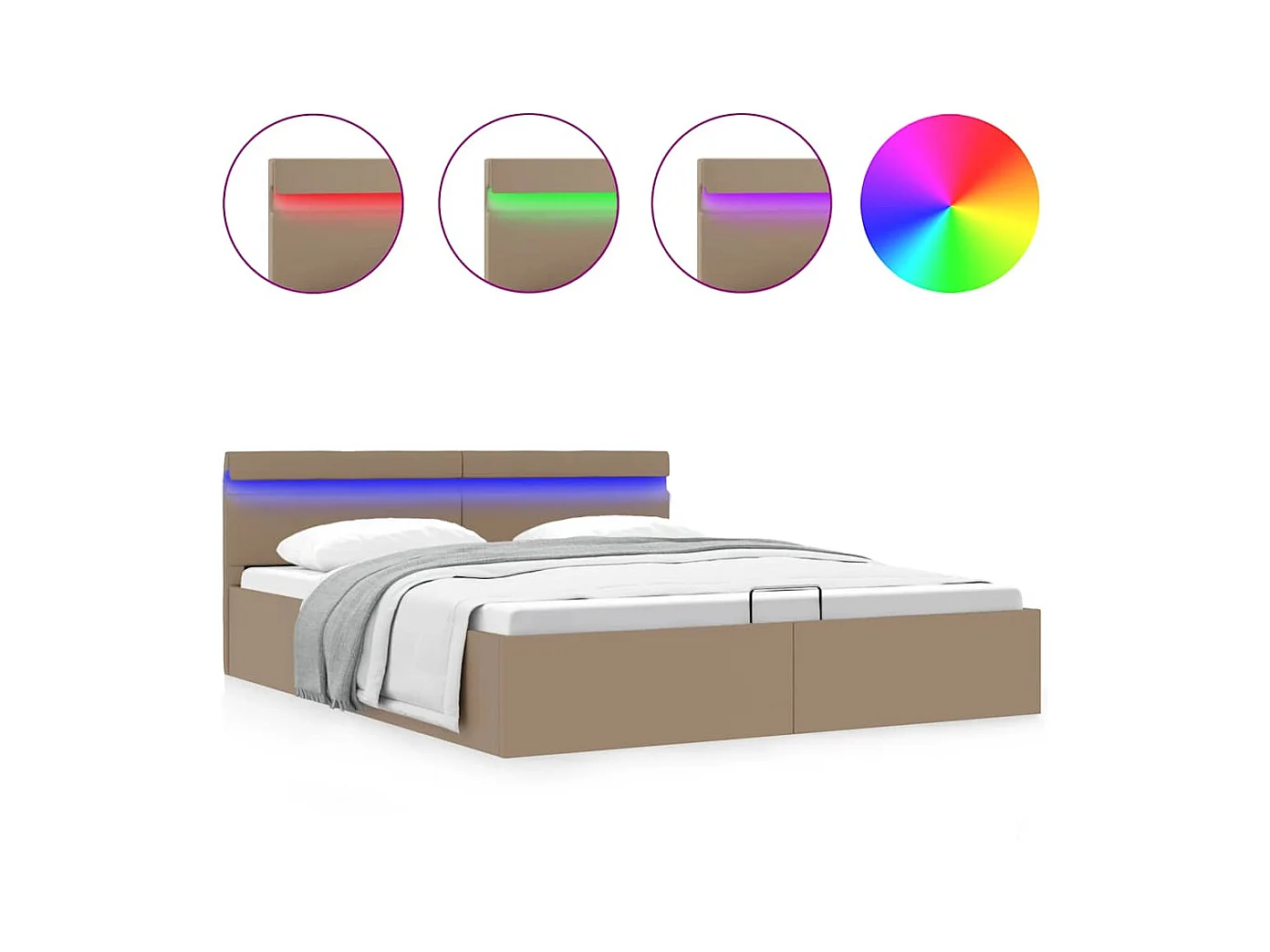 Cama hidrául. arrumação e LED 180x200cm couro artif. cappuccino