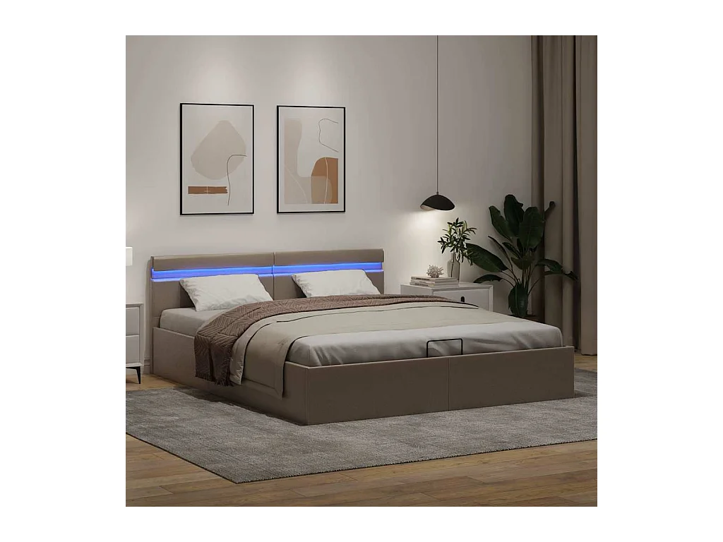 Cama hidrául. arrumação e LED 180x200cm couro artif. cappuccino