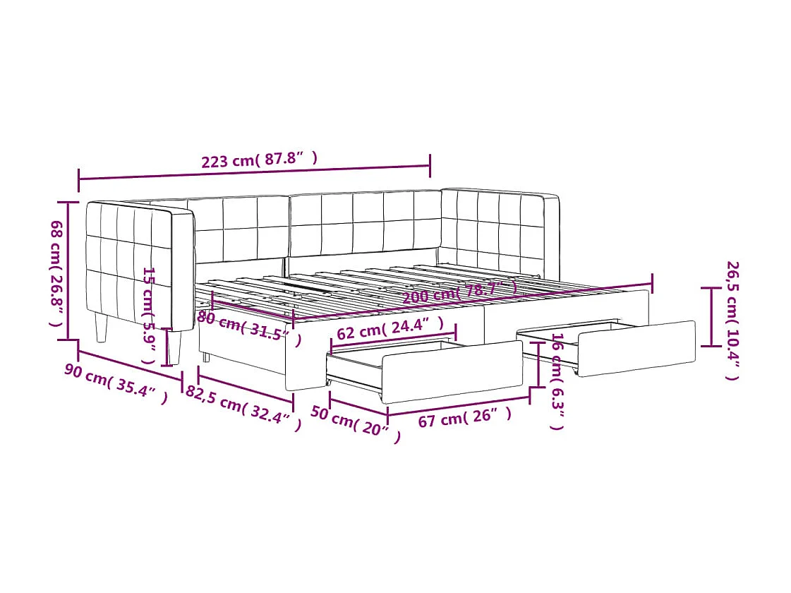 Tagesbett Ausziehbar mit Schubladen Rosa 80x200 cm Samt