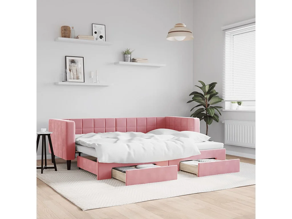 Lit de jour avec gigogne et tiroirs sans matelas rose 80x200 cm