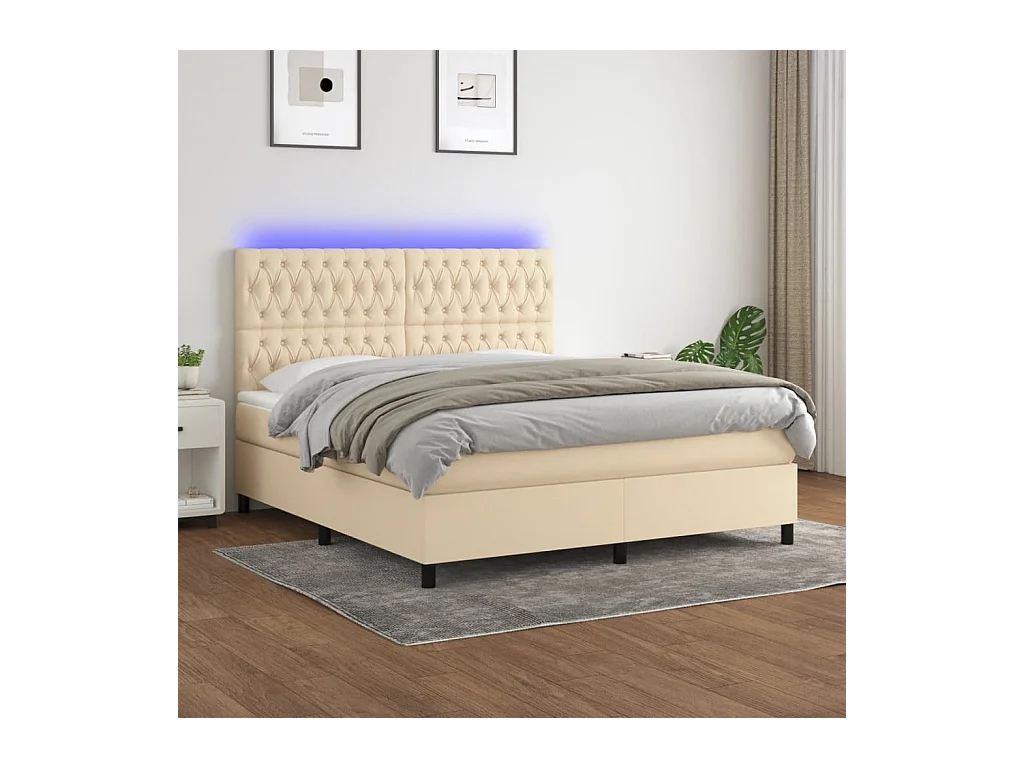 Sommier à lattes de lit et matelas et LED Crème 160x200cm Tissu
