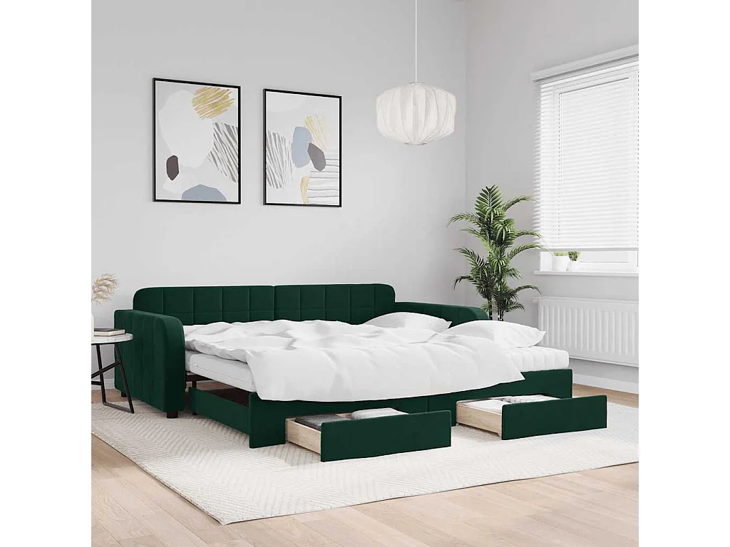 Divano Letto Estraibile Cassetti Verde Scuro 100x200cm Velluto