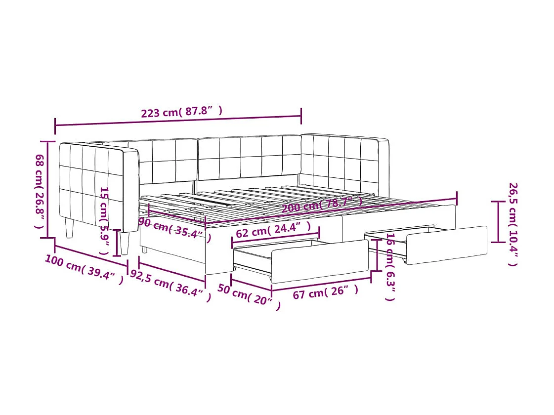 Slaapbank onderschuifbed en lades 90x200 cm fluweel lichtgrijs