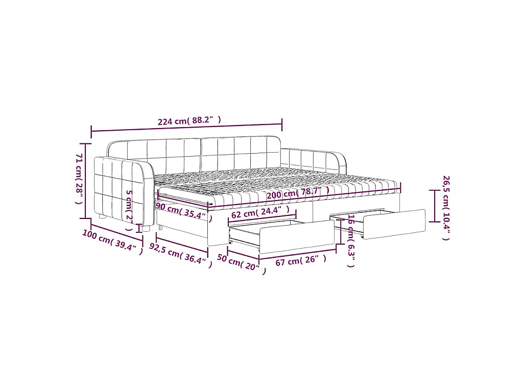 Lit de jour avec gigogne et tiroirs vert foncé 90x200cm velours