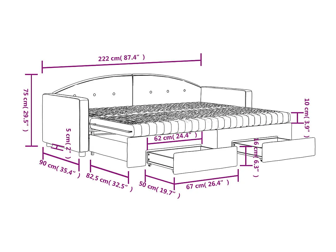 Lit de jour avec gigogne et tiroirs rose 80x200 cm velours