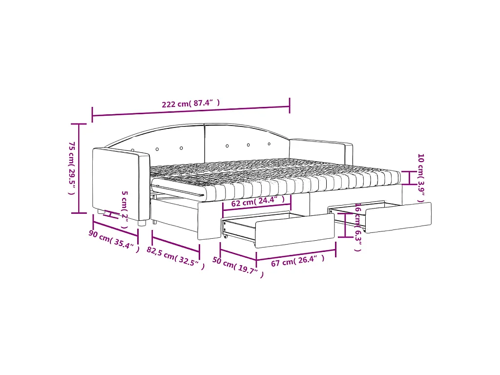 Slaapbank met onderschuifbed en lades 80x200 cm fluweel roze