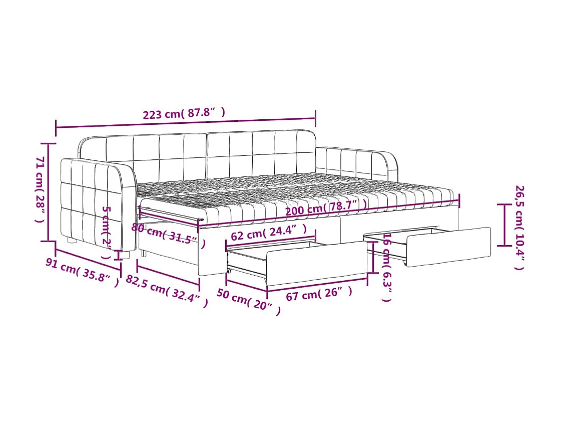 Slaapbank met onderschuifbed en lades 80x200 cm fluweel roze