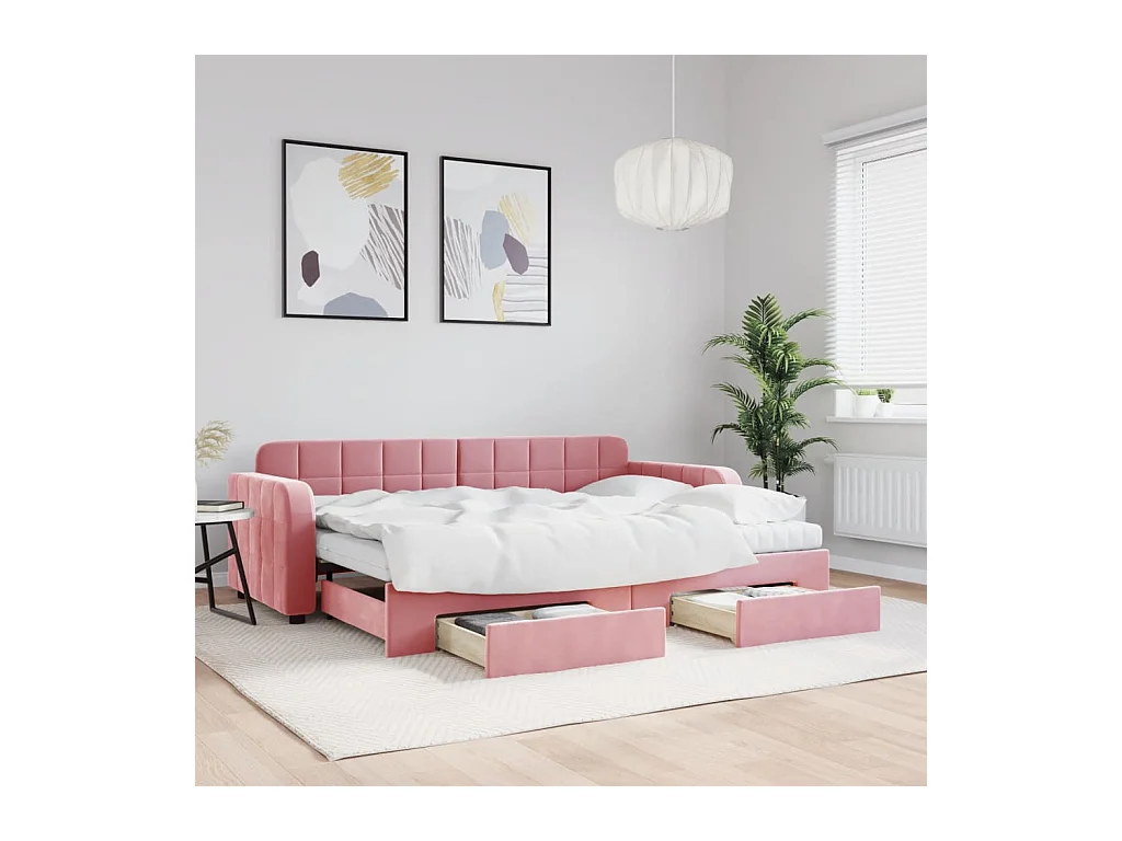 Lit de jour avec gigogne et tiroirs rose 80x200 cm velours