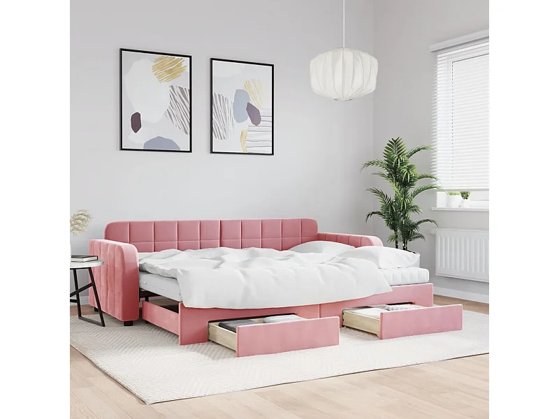 Lit de jour avec gigogne et tiroirs rose 80x200 cm velours