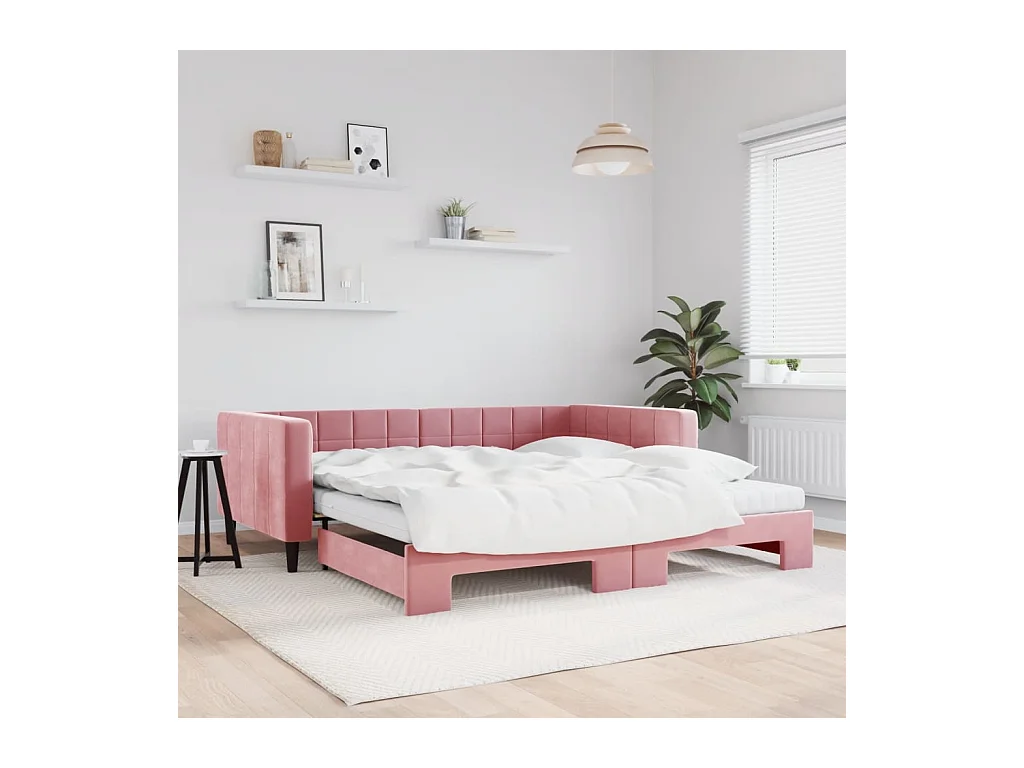 Lit de jour avec lit gigogne et matelas rose 100x200 cm velours