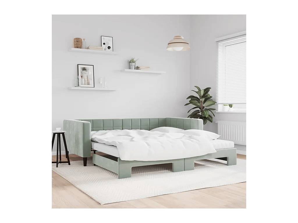 Lit de jour et gigogne et matelas gris clair 100x200 cm velours