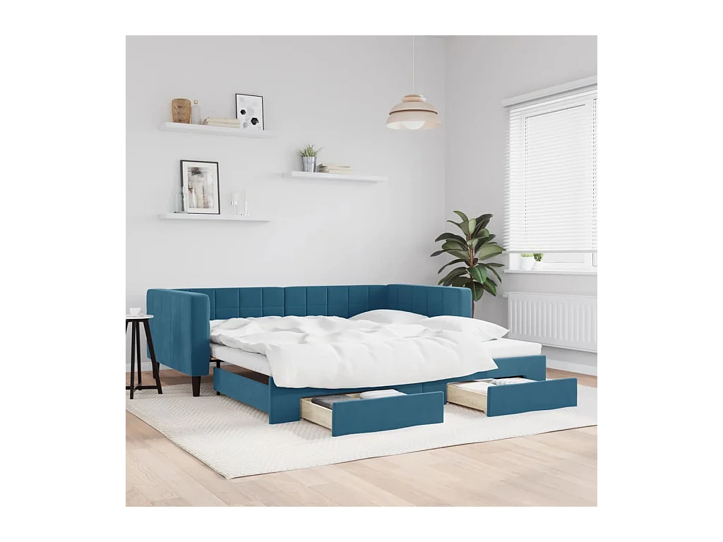 Divano Letto Estraibile con Cassetti Blu 100x200 cm in Velluto