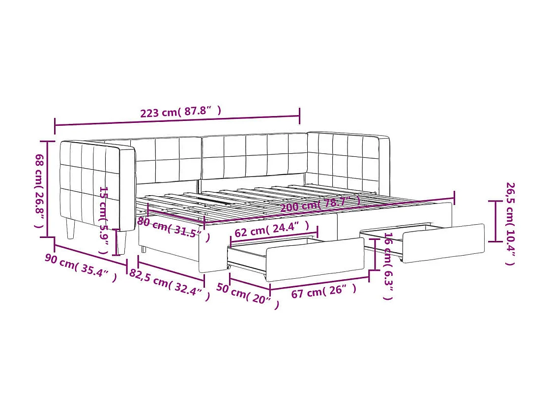 Tagesbett Ausziehbar mit Schubladen Hellgrau 80x200 cm Samt