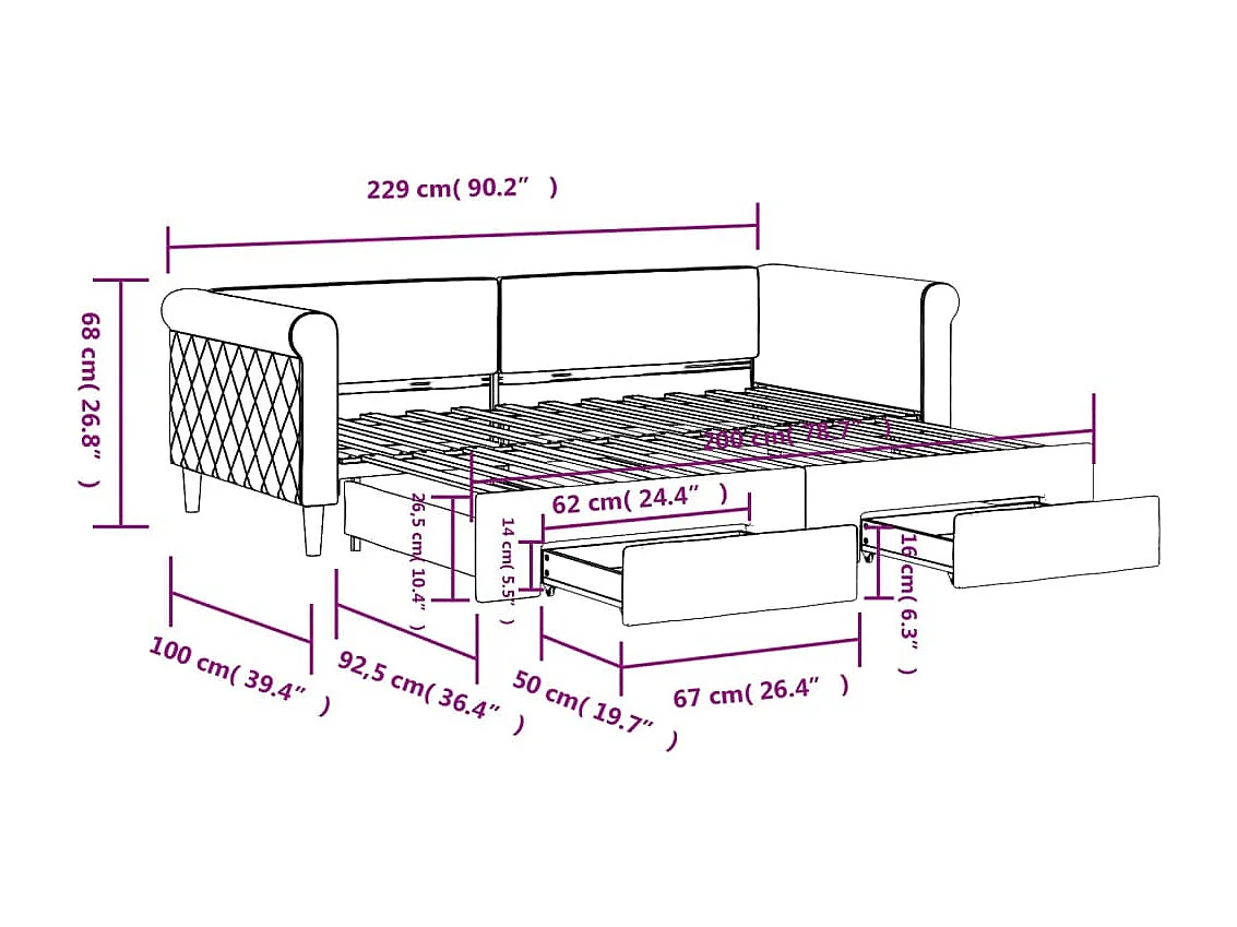 Slaapbank onderschuifbed en lades 90x200 cm fluweel donkergroen