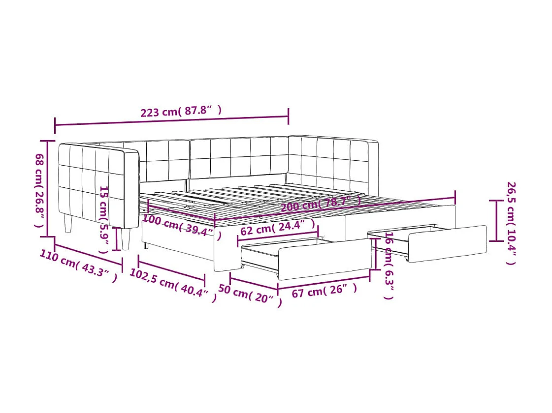 Tagesbett Ausziehbar mit Schubladen Hellgrau 100x200 cm Samt