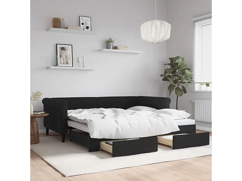 Tagesbett Ausziehbar mit Schubladen Schwarz 90x190 cm Samt
