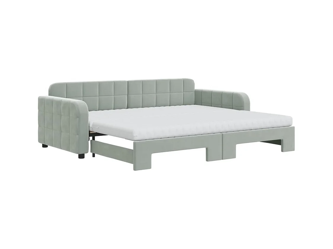 Lit de jour avec gigogne et matelas gris clair 90x200cm velours