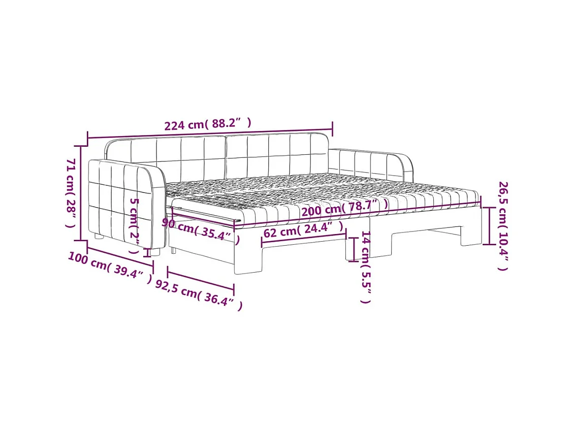 Lit de jour avec gigogne et matelas gris clair 90x200cm velours