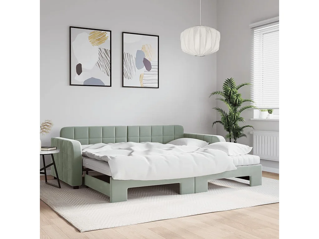 Lit de jour avec gigogne et matelas gris clair 90x200cm velours