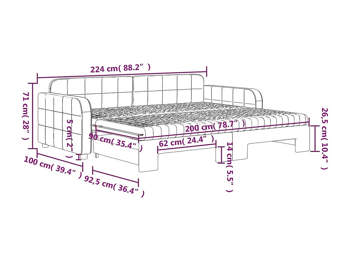 Lit de jour avec gigogne et matelas gris clair 90x200cm velours