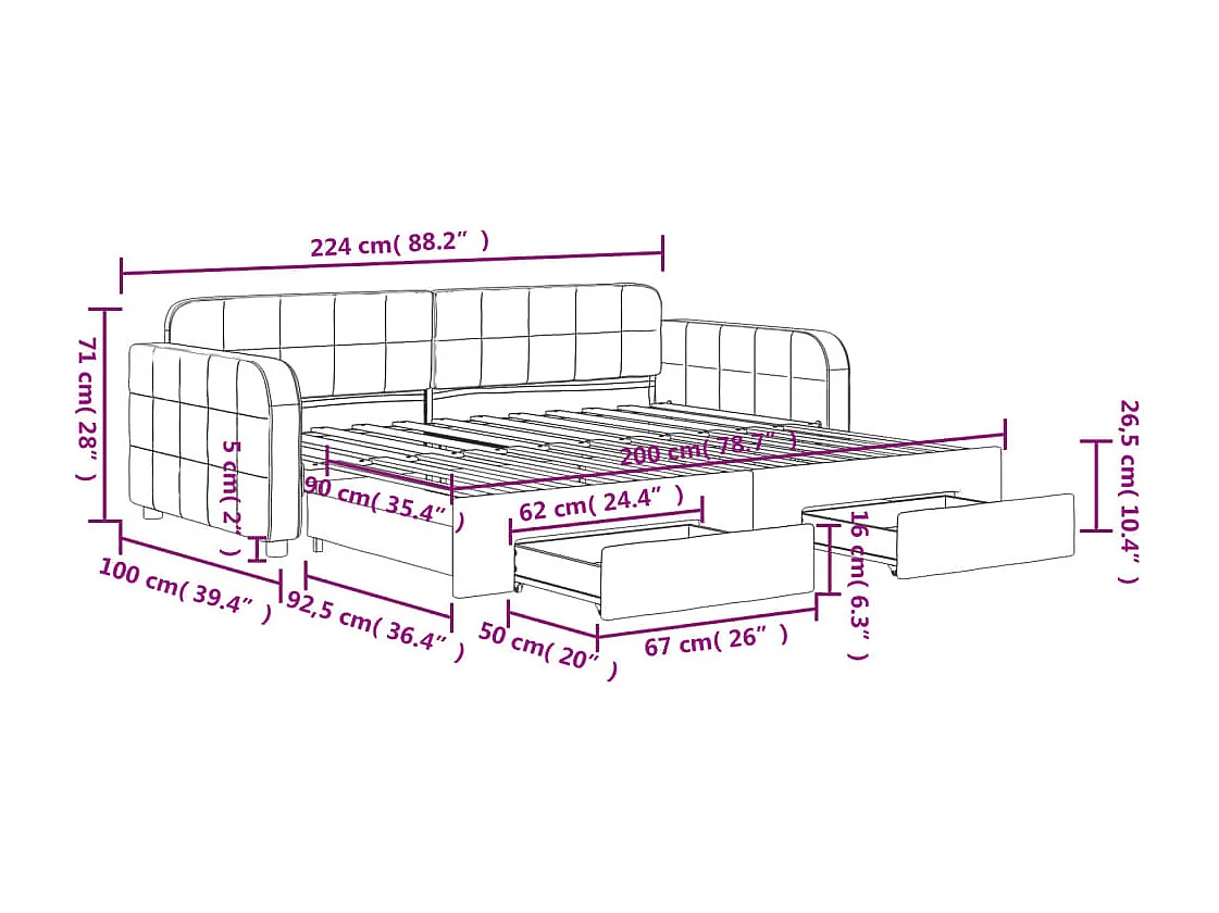 Slaapbank onderschuifbed en lades 90x200 cm fluweel donkergroen