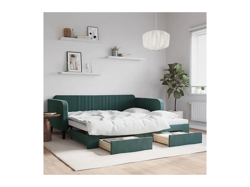 Divano Letto Estraibile Cassetti Verde Scuro 100x200cm Velluto