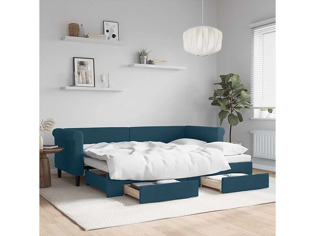 Divano Letto Estraibile con Cassetti Blu 80x200 cm in Velluto