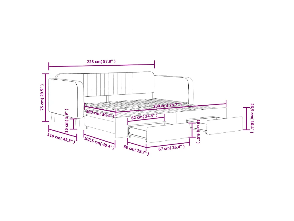 Slaapbank onderschuifbed en lades 100x200 cm fluweel lichtgrijs