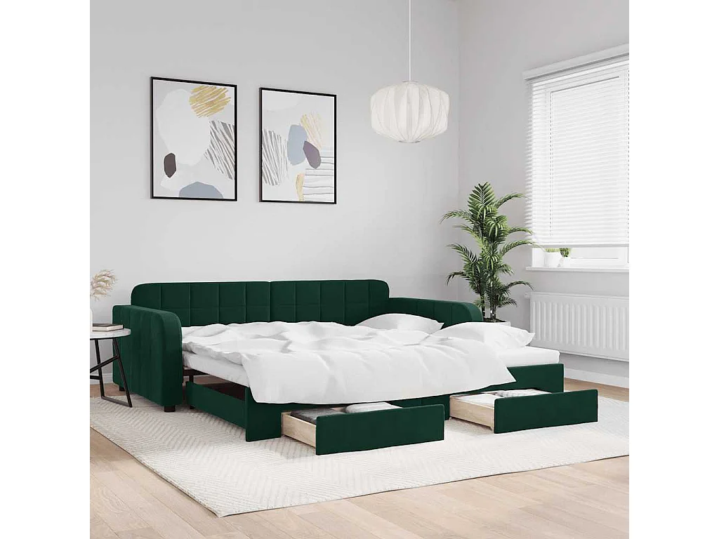 Divano Letto Estraibile Cassetti Verde Scuro 100x200cm Velluto