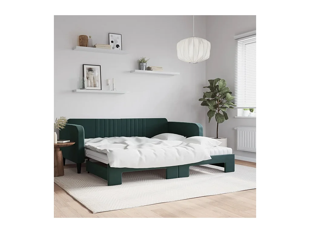 Lit de jour et gigogne et matelas vert foncé 100x200 cm velours