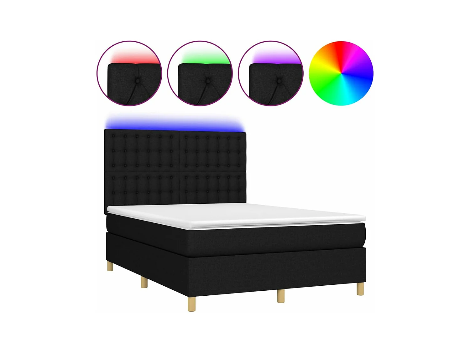 Sommier à lattes de lit et matelas et LED Noir 140x200 cm Tissu