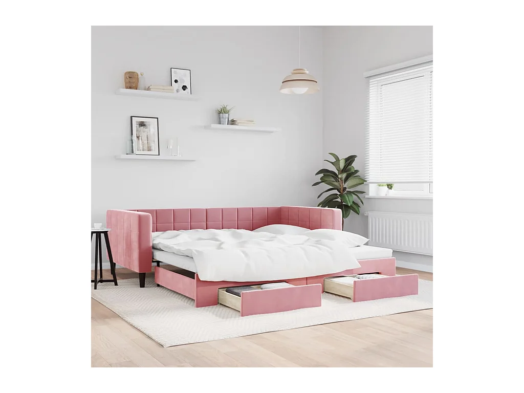 Lit de jour avec gigogne et tiroirs rose 100x200 cm velours