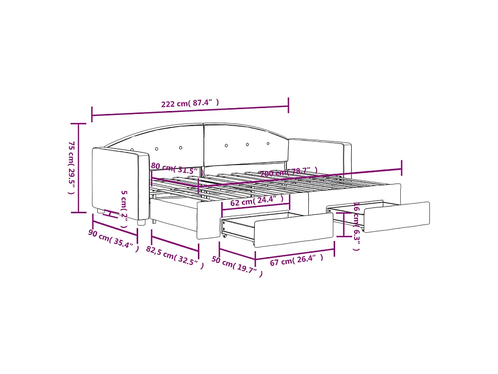 Sofá-cama com gavetão e gavetas 80x200 cm veludo rosa