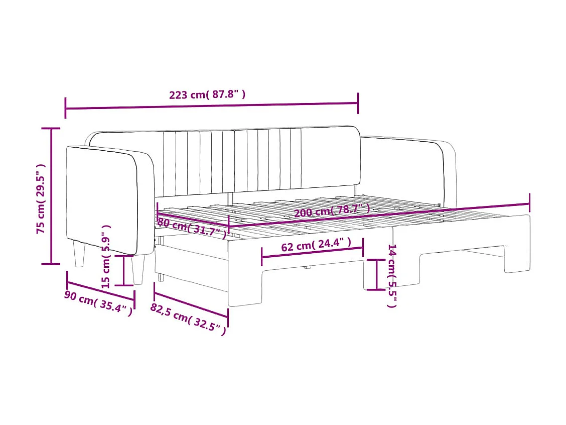 Lit de jour avec gigogne sans matelas rose 80x200 cm